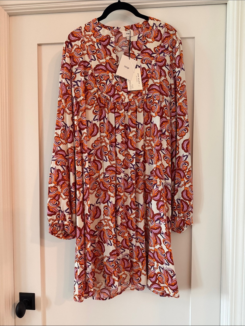 Long-Sleeve Paisley Print Tunic Dress in Pink and Orange
